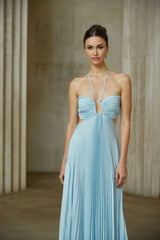 Diletta Maxi Dress Blue Pleated Cut - Out Halter - neck Train & Zip Detail