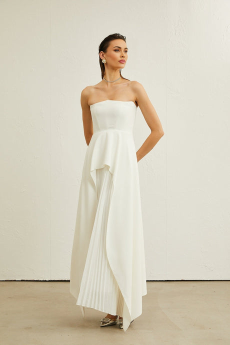 Diletta Maxi Dress - Strapless Sleeveless Design - Off - The - Shoulder Style - Pleated with Ruffled - Cut Trim - Rear Zip Fastening