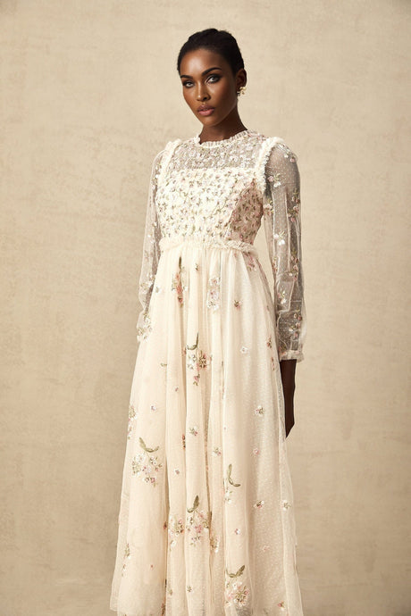 Diletta Midi Dress – Tulle – Floral Embroidery – Ruffle Detailing