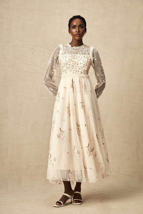 Diletta Midi Dress – Tulle – Floral Embroidery – Ruffle Detailing