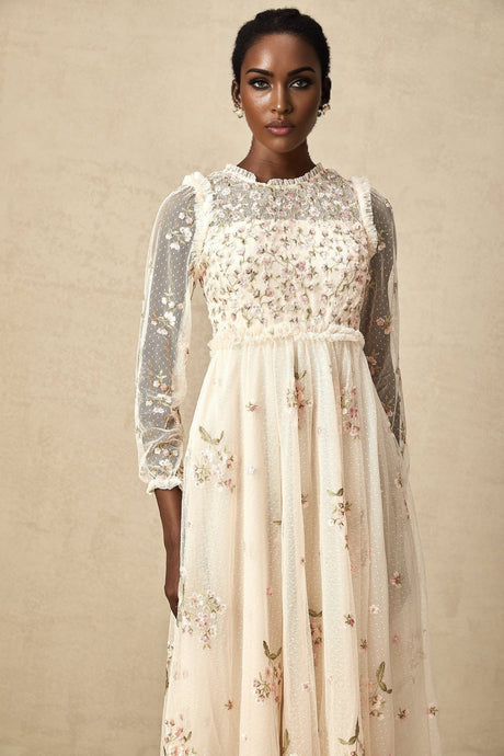 Diletta Midi Dress – Tulle – Floral Embroidery – Ruffle Detailing