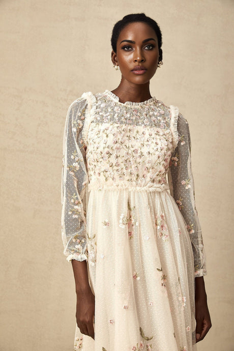 Diletta Midi Dress – Tulle – Floral Embroidery – Ruffle Detailing