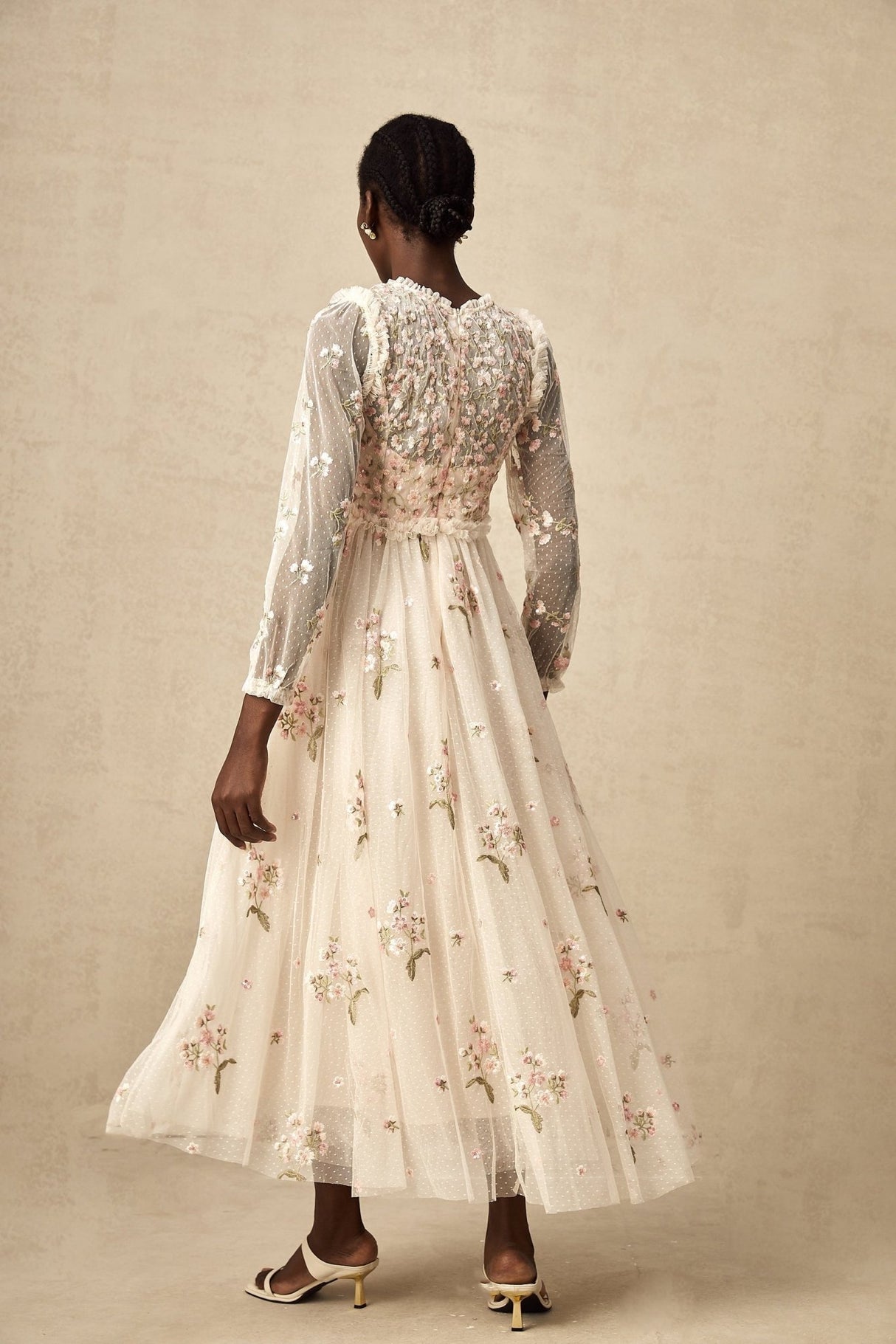 Diletta Midi Dress – Tulle – Floral Embroidery – Ruffle Detailing