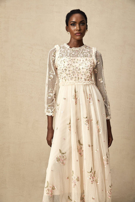 Diletta Midi Dress – Tulle – Floral Embroidery – Ruffle Detailing