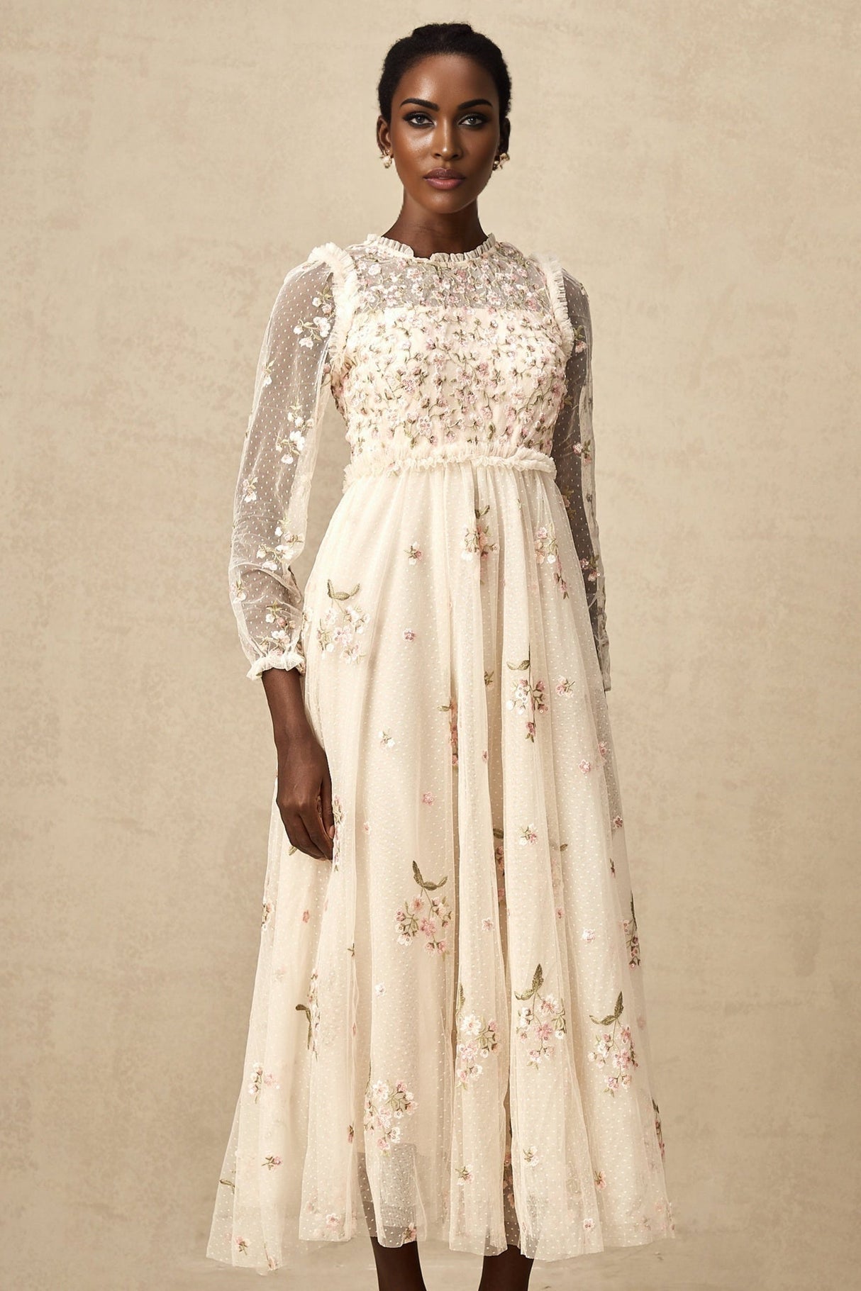 Diletta Midi Dress – Tulle – Floral Embroidery – Ruffle Detailing