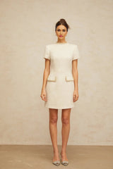 Diletta Mini Dress White Tweed Pearl Sequin Embellished Pockets Zip Thigh