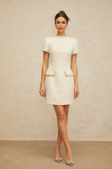 Diletta Mini Dress White Tweed Pearl Sequin Embellished Pockets Zip Thigh