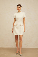 Diletta Mini Dress White Tweed Pearl Sequin Embellished Pockets Zip Thigh