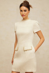 Diletta Mini Dress White Tweed Pearl Sequin Embellished Pockets Zip Thigh