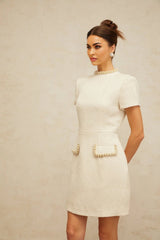 Diletta Mini Dress White Tweed Pearl Sequin Embellished Pockets Zip Thigh