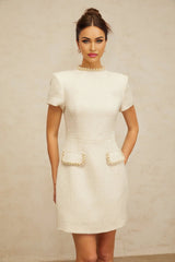 Diletta Mini Dress White Tweed Pearl Sequin Embellished Pockets Zip Thigh