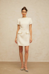 Diletta Mini Dress White Tweed Pearl Sequin Embellished Pockets Zip Thigh