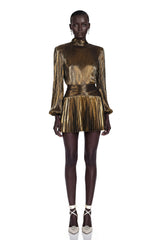 Dineo Antique Gold High Neck Pleated Mini Dress