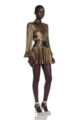 Dineo Antique Gold High Neck Pleated Mini Dress