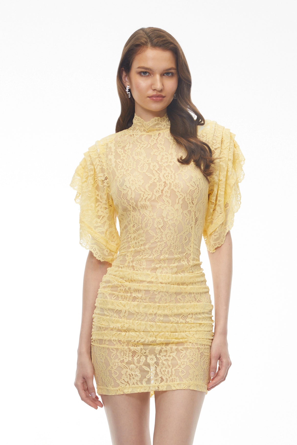 Dionísia Yellow Mock Neck Lace Mini Dress
