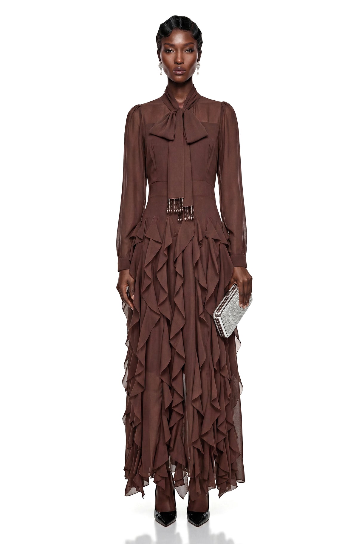 Dirce Chocolate Brown Chiffon Ruffled Maxi Dress