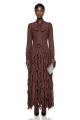 Dirce Chocolate Brown Chiffon Ruffled Maxi Dress