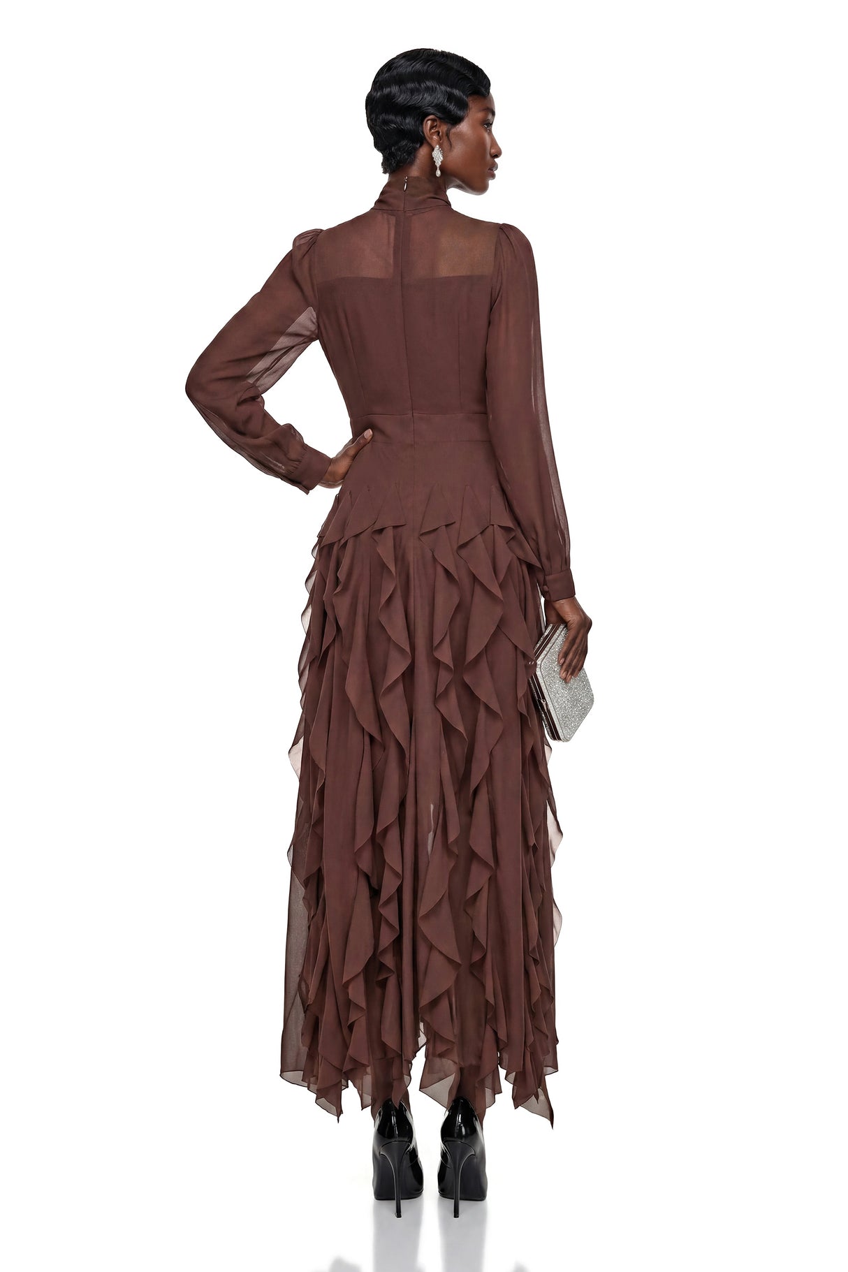 Dirce Chocolate Brown Chiffon Ruffled Maxi Dress