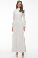 Ditheto White Mock Neck Floral Lace Maxi Dress