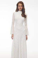 Ditheto White Mock Neck Floral Lace Maxi Dress