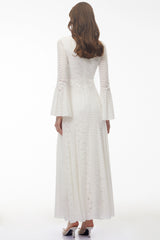 Ditheto White Mock Neck Floral Lace Maxi Dress