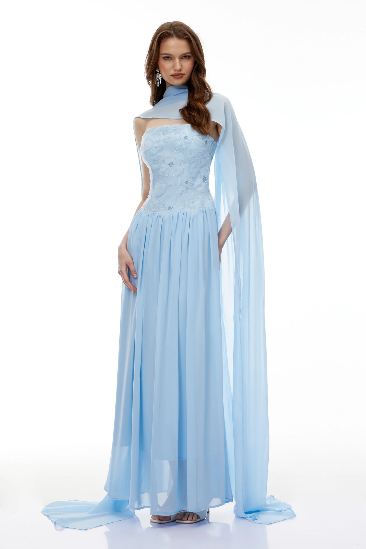 Dobromila Blue Floral Embroidered Pleated Maxi Dress