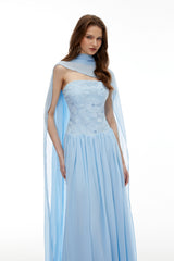 Dobromila Blue Floral Embroidered Pleated Maxi Dress