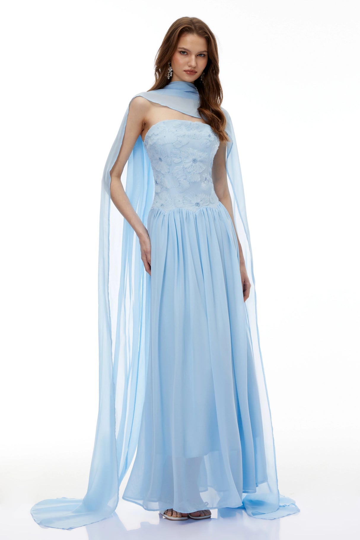 Dobromila Blue Floral Embroidered Pleated Maxi Dress