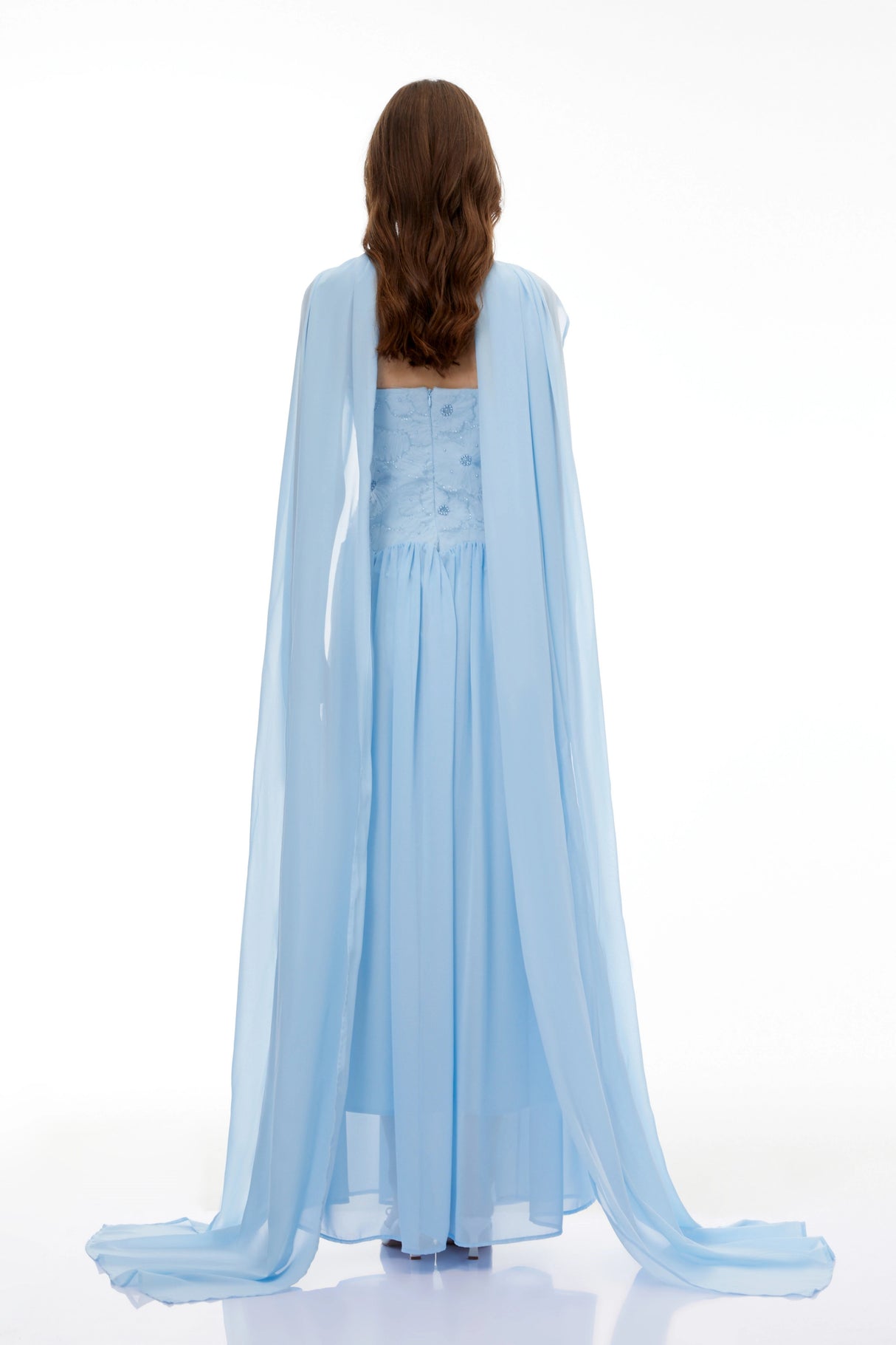 Dobromila Blue Floral Embroidered Pleated Maxi Dress