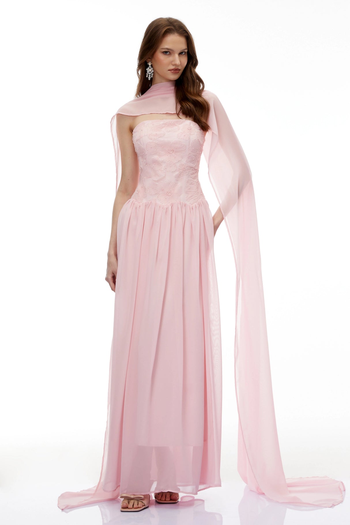 Dobromila Pink Floral Embroidered Pleated Maxi Dress