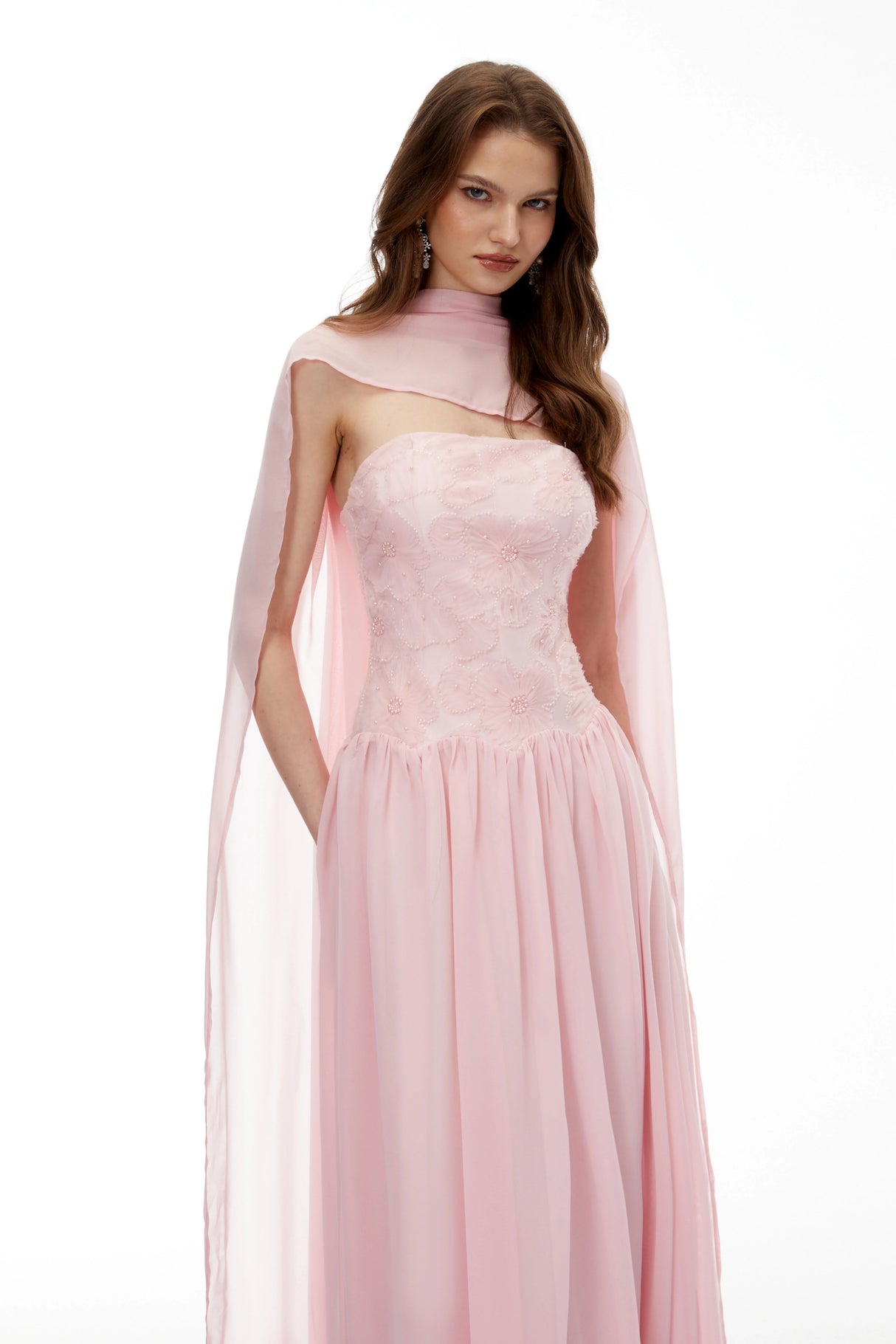 Dobromila Pink Floral Embroidered Pleated Maxi Dress