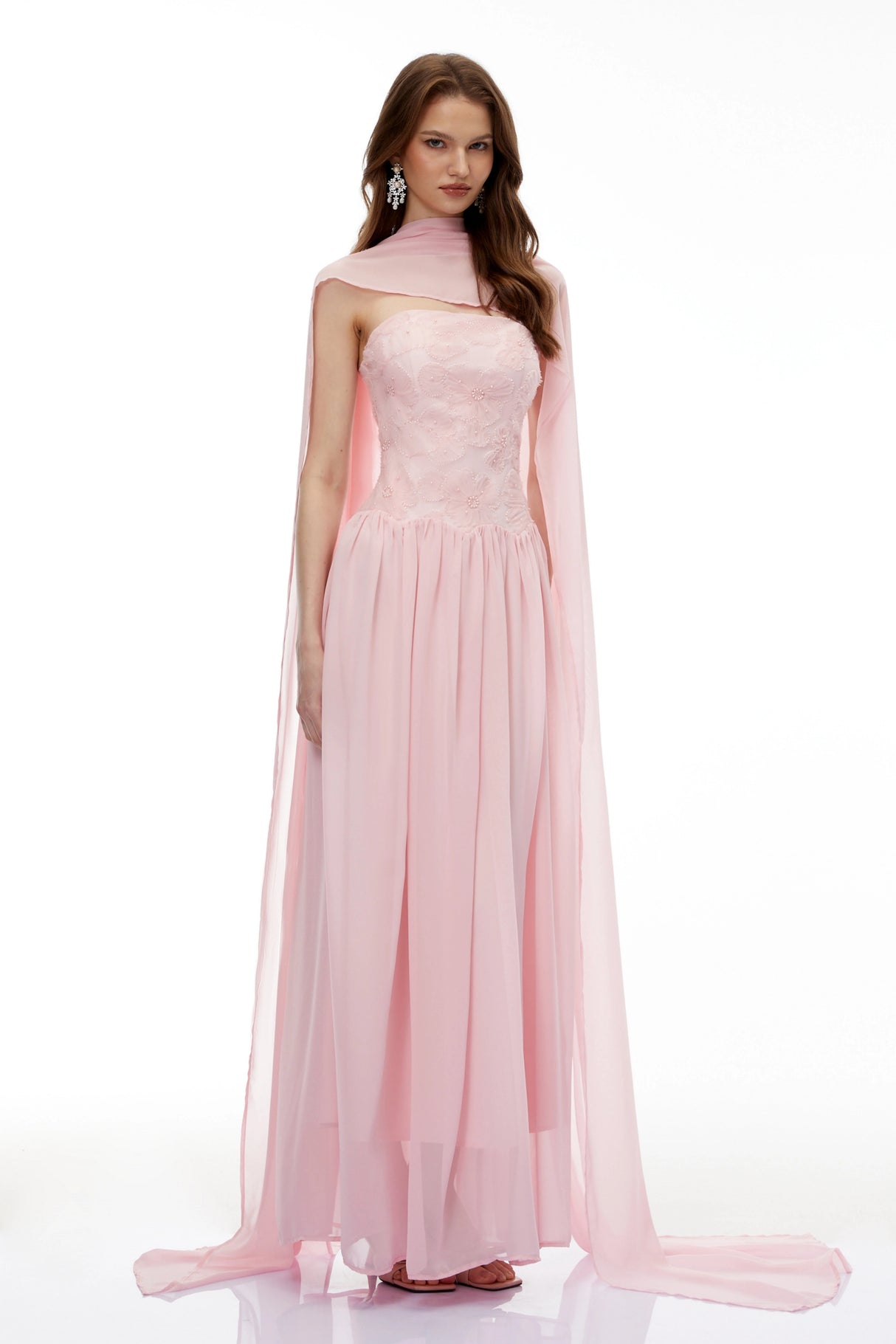 Dobromila Pink Floral Embroidered Pleated Maxi Dress
