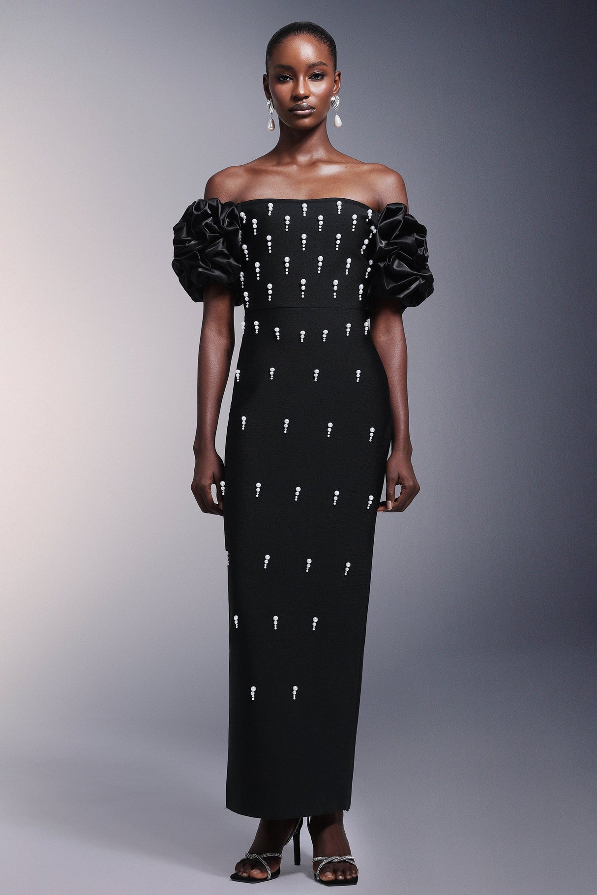 Domenica Black Bandage Maxi Dress with Ruffled Sleeves and Pearl Detailing