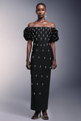 Domenica Black Bandage Maxi Dress with Ruffled Sleeves and Pearl Detailing
