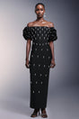 Domenica Black Bandage Maxi Dress with Ruffled Sleeves and Pearl Detailing