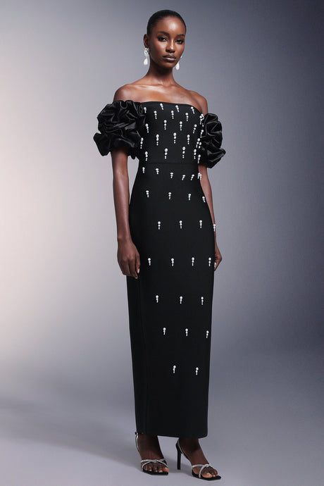 Domenica Black Bandage Maxi Dress with Ruffled Sleeves and Pearl Detailing