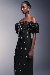 Domenica Black Bandage Maxi Dress with Ruffled Sleeves and Pearl Detailing