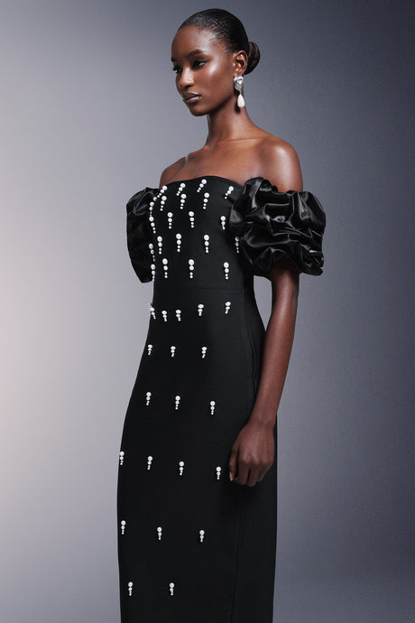 Domenica Black Bandage Maxi Dress with Ruffled Sleeves and Pearl Detailing