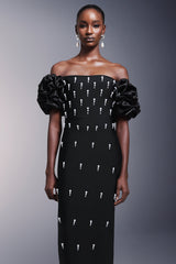 Domenica Black Bandage Maxi Dress with Ruffled Sleeves and Pearl Detailing