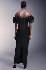 Domenica Black Bandage Maxi Dress with Ruffled Sleeves and Pearl Detailing