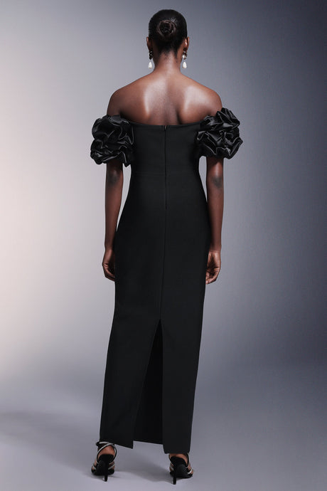 Domenica Black Bandage Maxi Dress with Ruffled Sleeves and Pearl Detailing