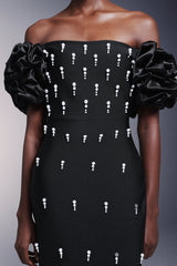 Domenica Black Bandage Maxi Dress with Ruffled Sleeves and Pearl Detailing