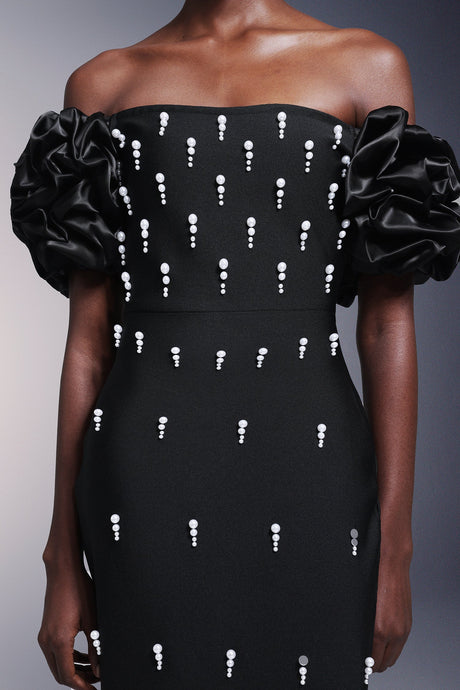 Domenica Black Bandage Maxi Dress with Ruffled Sleeves and Pearl Detailing