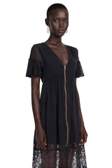 Domenica Black Ruffled Midi Dress with Lace Trim