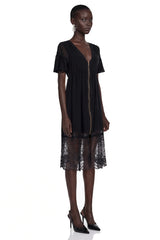 Domenica Black Ruffled Midi Dress with Lace Trim