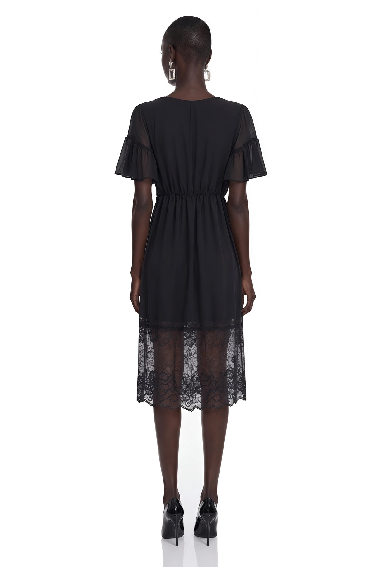 Domenica Black Ruffled Midi Dress with Lace Trim