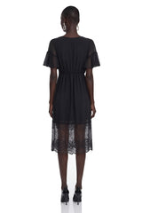 Domenica Black Ruffled Midi Dress with Lace Trim