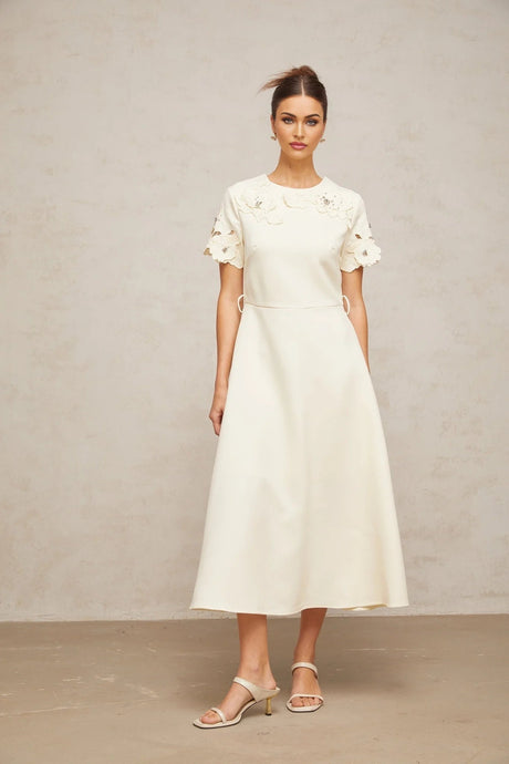 Domenica Midi Dress Neutrals Floral - Appliqu & Bead Embellishment