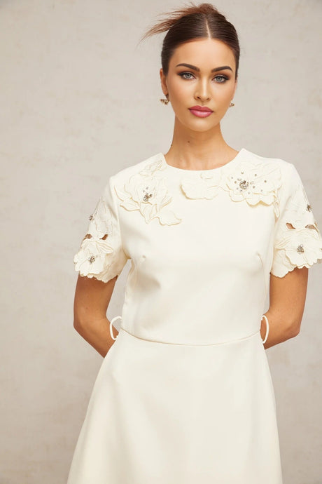 Domenica Midi Dress Neutrals Floral - Appliqu & Bead Embellishment