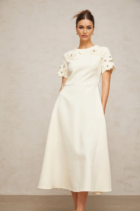 Domenica Midi Dress Neutrals Floral - Appliqu & Bead Embellishment